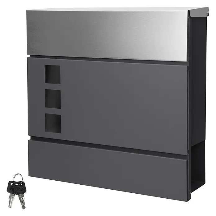 ECD Germany Wandbriefkasten Zeitungsfach inkl. 2 Schlüssel Stahl - L x B x H: 37 x 10,5 x 36,5 cm, Anthrazit, Silber, Metall, Zeitungsfach - Dunkelgrauer Metallbriefkasten mit silberner gebürsteter Oberklappe, drei rechteckigen Sichtschlitzen und Schlüsseln.