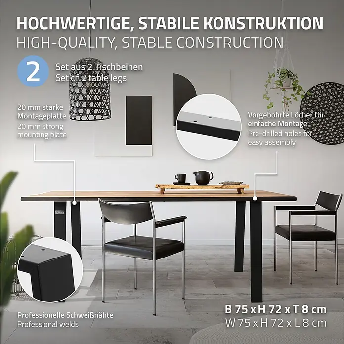 ML-Design Tischgestell Bankgestell Bankbeine 75x72cm Schwarz Tischkufen Profil 8x2cm Möbelfüße - Stahl - Set aus 2 schwarzen Metall-Tischbeinen, B 75 x H 72 x T 8 cm, stützen einen Holztisch.