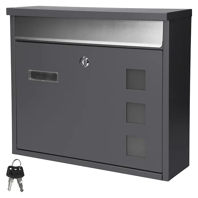 ML-Design Wandbriefkasten Standbriefkasten inkl. 2 Schlüssel Stahl - L x B x H: 11,5 x 36 x 31,5 cm, Anthrazit, Edelstahl, Zeitungsfach - Dunkelgrauer Metallbriefkasten mit silberner Klappe, Schlüsselloch, Namensschildhalter, drei Sichtfenstern und zwei Schlüsseln.