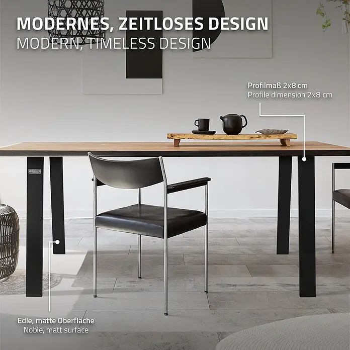 ML-Design Tischgestell Bankgestell Bankbeine 75x72cm Schwarz Tischkufen Profil 8x2cm Möbelfüße - Stahl - Moderner Esstisch mit Holzplatte und edlen, mattschwarzen Metallbeinen (2x8 cm Profil). Gezeigt in einem Esszimmerambiente.