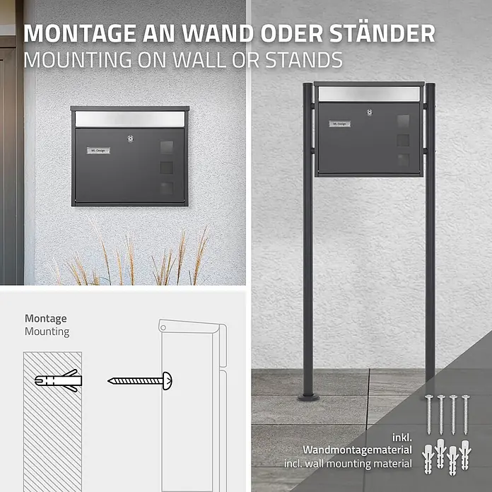 ML-Design Wandbriefkasten Standbriefkasten inkl. 2 Schlüssel Stahl - L x B x H: 11,5 x 36 x 31,5 cm, Anthrazit, Edelstahl, Zeitungsfach - Dunkelgrauer moderner Briefkasten zur Wand- oder Standmontage, inklusive Befestigungsmaterial.