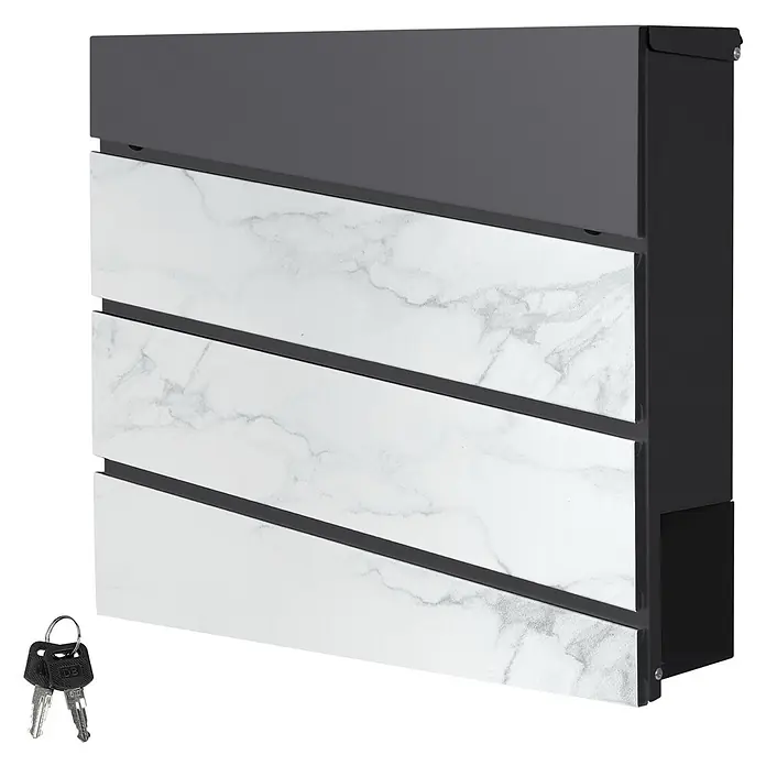 ML-Design Wandbriefkasten Mailbox mit Zeitungsrolle für Wandmontage - L x B x H: 37 x 11 x 36,5 cm, Anthrazit, Hellgrau, Stahl, Zeitungsfach - Moderner dunkelgrau-schwarzer Briefkasten mit drei weißen Frontplatten in Marmoroptik. Schlüssel für sicheren Zugang enthalten.