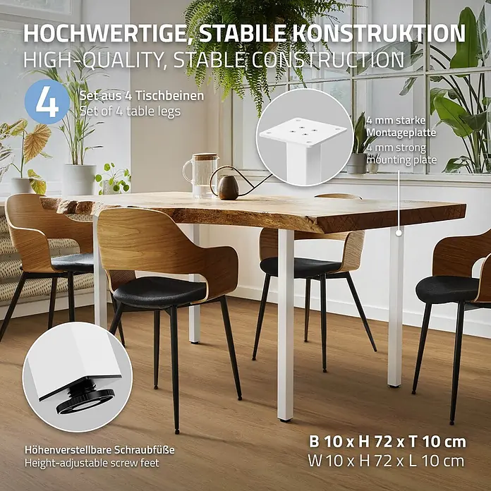 ML-Design Tischgestell 4er Set Tischkufen I-Design Möbelfüße und aus Stahl - Stahl - Set aus vier weißen, quadratischen Tischbeinen mit 4mm starker Montageplatte und höhenverstellbaren Schraubfüßen, stützen eine Holztischplatte.