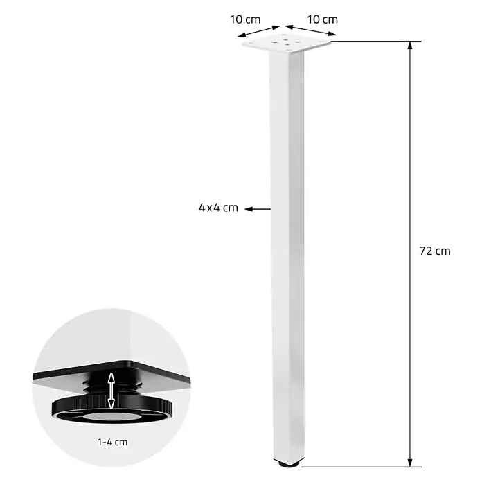 ML-Design Tischgestell 4er Set Tischkufen I-Design Möbelfüße und aus Stahl - Stahl - Weißes Metall-Tischbein, 72 cm hoch, mit 10x10 cm Montageplatte, 4x4 cm Profil und verstellbarem Fuß (1-4 cm).