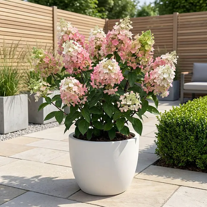 Piardino Hortensie - Hydrangea paniculata verschiedene Sorten - Eine schöne rosa-grüne Hortensienpflanze in einem großen weißen Topf auf einer gepflasterten Terrasse mit Holzzaun.
