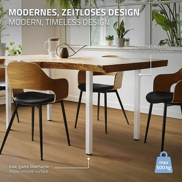 ML-Design Tischgestell 4er Set Tischkufen I-Design Möbelfüße und aus Stahl - Stahl - Moderner Esstisch mit Massivholzplatte und weißen Beinen, in einem modernen Esszimmerambiente.