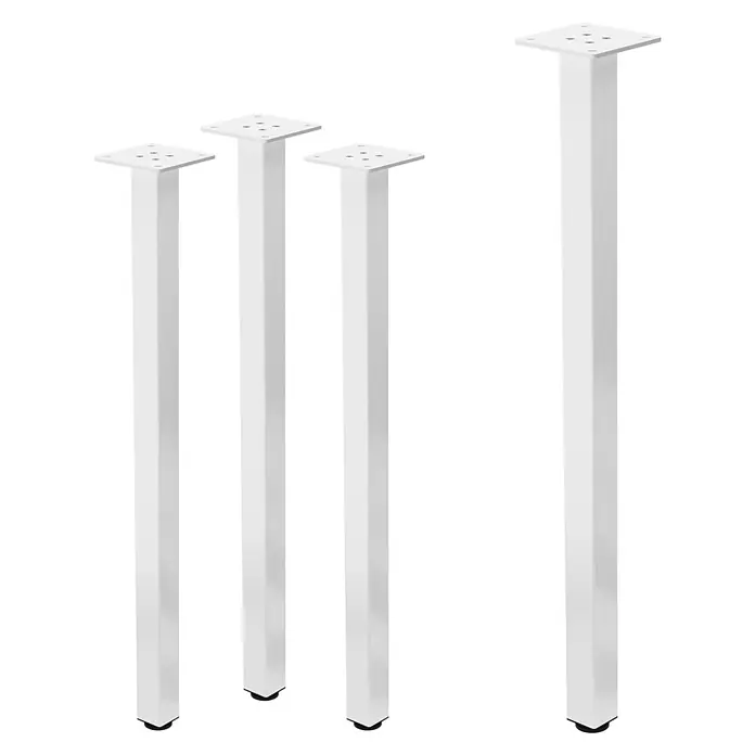 ML-Design Tischgestell 4er Set Tischkufen I-Design Möbelfüße und aus Stahl - Stahl - Vier weiße quadratische Metall-Tischbeine mit Montageplatten und schwarzen Schutzkappen, eines davon höher.