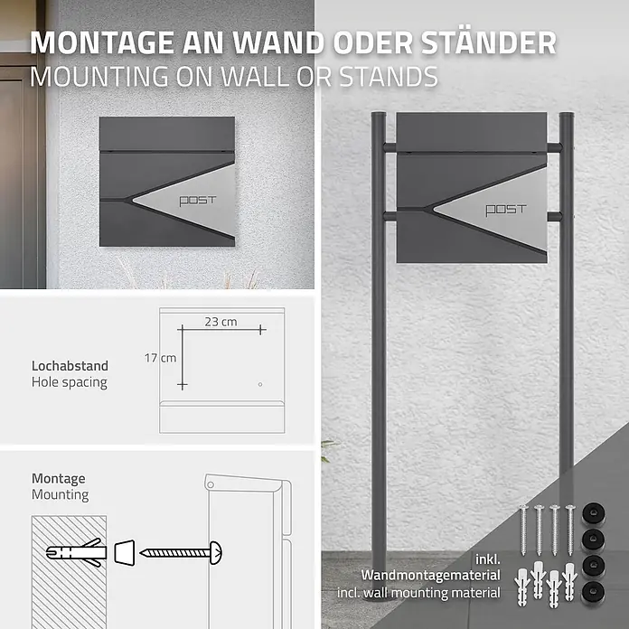 ML-Design Wandbriefkasten Mailbox mit Zeitungsrolle für Wandmontage - L x B x H: 11 x 37 x 37 cm, Anthrazit, Silber, Edelstahl, Zeitungsfach - Dunkelgrauer Briefkasten mit "POST" Schriftzug, für Wand- oder Standmontage. Zeigt Maße und das mitgelieferte Befestigungsmaterial.