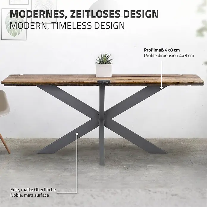ML-Design Tischgestell Tischkufen Tischfüße X-Design 120x78x71 cm Anthrazit Industriedesign - Traglast: 150 kg, Stahl - Moderner Esstisch mit rustikaler Holzplatte und dunkelgrauem X-förmigem Metallgestell, edle matte Oberfläche.