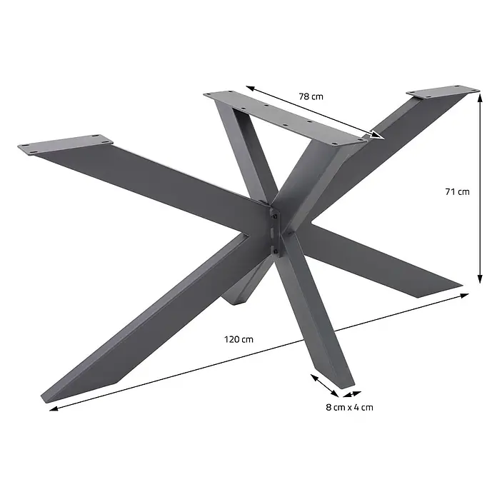 ML-Design Tischgestell Tischkufen Tischfüße X-Design 120x78x71 cm Anthrazit Industriedesign - Traglast: 150 kg, Stahl - Dunkelgraues Metall-Tischgestell in Sternform, 78 cm Länge oben, 71 cm Höhe, 120 cm Breite, 8x4 cm Beinprofil.