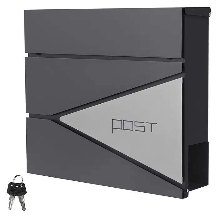 ML-Design Wandbriefkasten Mailbox mit Zeitungsrolle für Wandmontage - L x B x H: 11 x 37 x 37 cm, Anthrazit, Silber, Edelstahl, Zeitungsfach - Moderner zweifarbiger grauer Metallbriefkasten mit 'POST'-Schriftzug und zwei Schlüsseln.