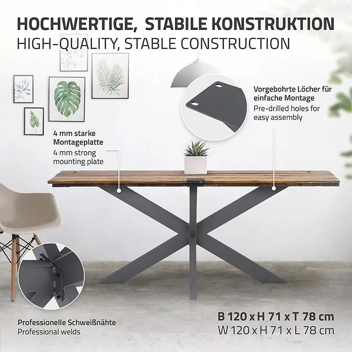 ML-Design Tischgestell Tischkufen Tischfüße X-Design 120x78x71 cm Anthrazit Industriedesign - Traglast: 150 kg, Stahl - Holz-Esstisch mit dunkelgrauen X-förmigen Metallbeinen. Merkmale: 4mm Montageplatte, vorgebohrte Löcher, prof. Schweißnähte. B120xH71xT78cm.