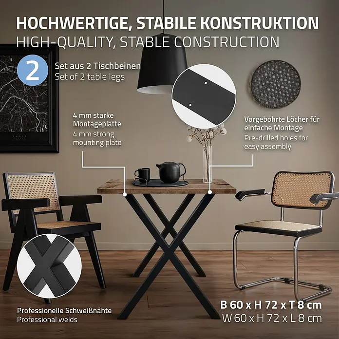 ECD Germany Tischgestell Kreuzgestell Metall Tischkufen - L x B x H: 8 x 60 x 72 cm, Stahl - Zwei schwarze Metall-Tischbeine im X-Design, mit 4mm Montageplatte und vorgebohrten Löchern, unter einer Holzplatte montiert.