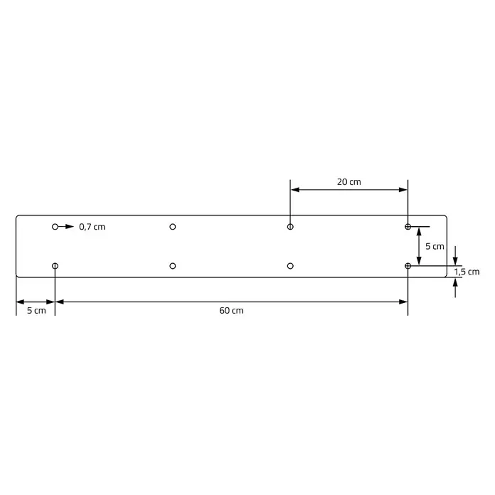 ML-Design Tischgestell Loft 2er Set aus Stahl Industriedesign U-Form - Stahl - Technische Zeichnung einer rechteckigen Platte mit mehreren 0,7 cm Löchern. Bemaßungen zeigen die präzise Lochplatzierung über 60 cm Länge und 5 cm Höhe.