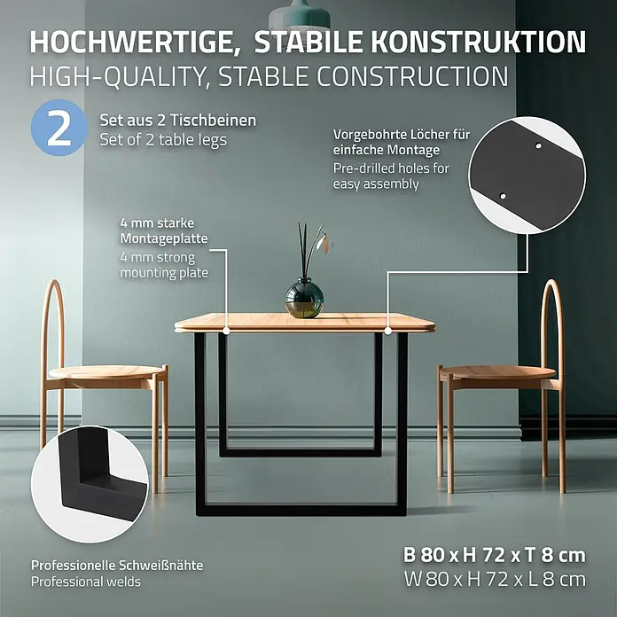 ECD Germany Tischgestell Tischgestell 80x72cm Schwarz Bankkufen Industriedesign Möbelfüße Metall - Stahl - Set aus 2 schwarzen Tischbeinen aus Metall mit 4mm Montageplatte und vorgebohrten Löchern, B 80 x H 72 x T 8 cm.