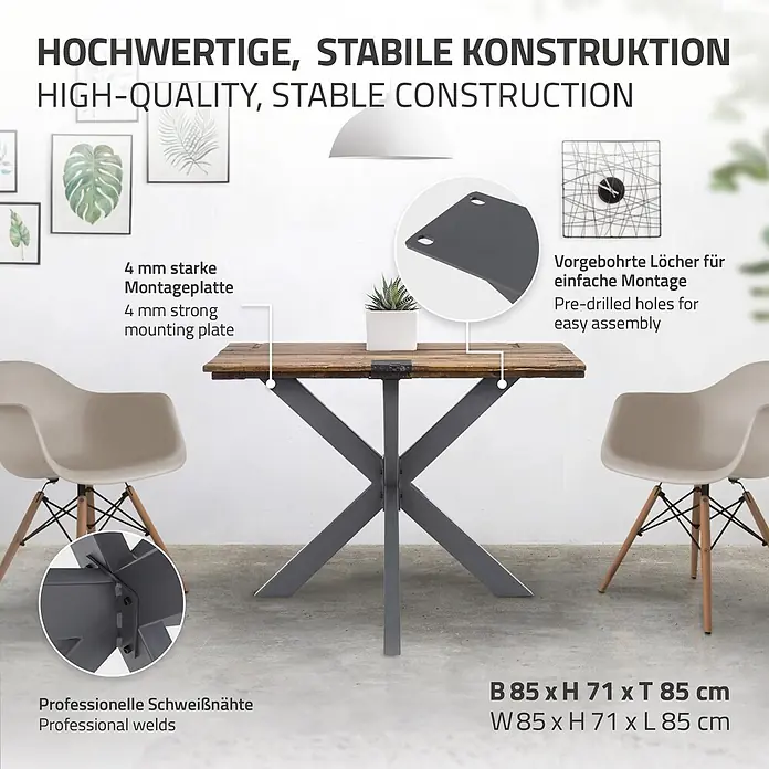 ML-Design Tischgestell Spider Kreuzgestell Schwerlast aus Stahl für DIY - Traglast: 150 kg, Stahl - Ein stabiler Esstisch mit Holzplatte und grauem Kreuzfuß aus Metall, der hochwertige Konstruktionsdetails hervorhebt.