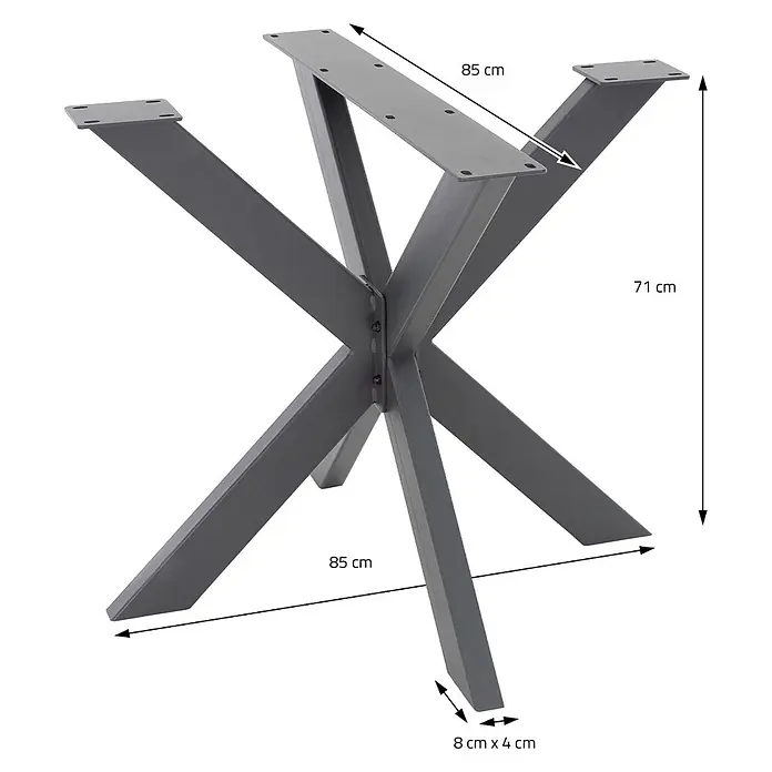 ML-Design Tischgestell Spider Kreuzgestell Schwerlast aus Stahl für DIY - Traglast: 150 kg, Stahl - Graues X-förmiges Tischgestell aus Metall mit Maßen, geeignet für Esstische oder Couchtische.