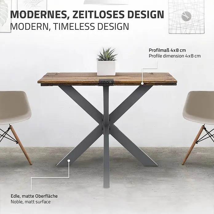 ML-Design Tischgestell Spider Kreuzgestell Schwerlast aus Stahl für DIY - Traglast: 150 kg, Stahl - Moderner Esstisch mit edler, matter Holzplatte und grauem X-förmigem Metallgestell (4x8 cm Profil).