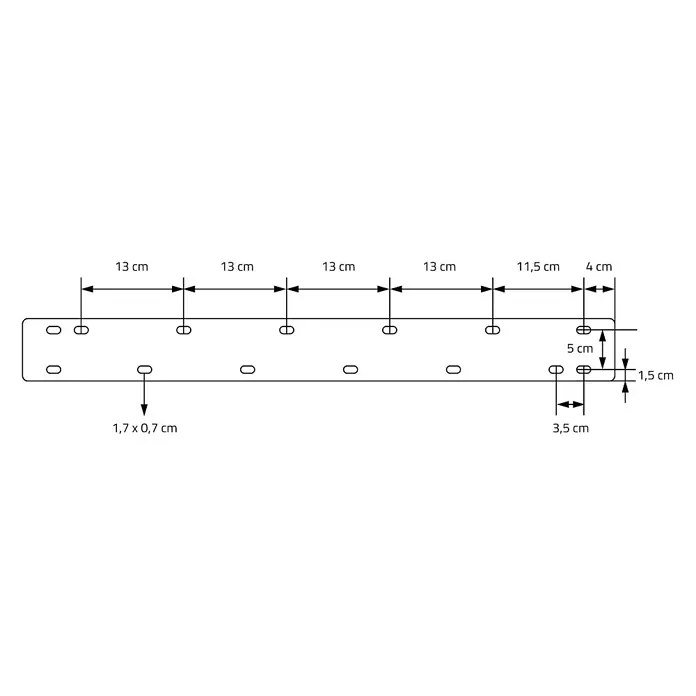 ML-Design Tischgestell 2er Set Tischbeine Trapez V-Form aus Stahl pulverbeschichtet - Stahl - Rechteckige, gelochte Metallleiste mit ovalen Befestigungslöchern und detaillierten Maßangaben.