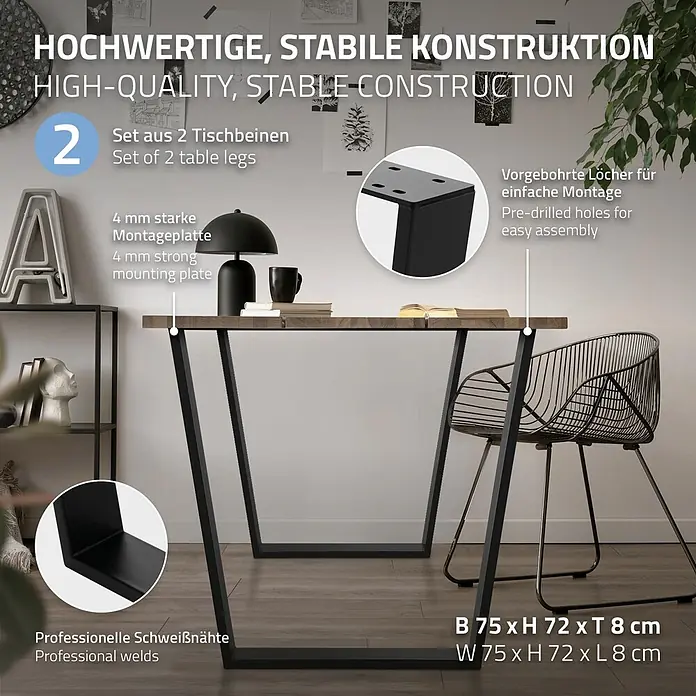 ML-Design Tischgestell 2er Set Tischbeine Trapez V-Form aus Stahl pulverbeschichtet - Stahl - Zwei schwarze U-förmige Tischbeine aus Metall, 75x72x8 cm, stützen eine Holzplatte.
