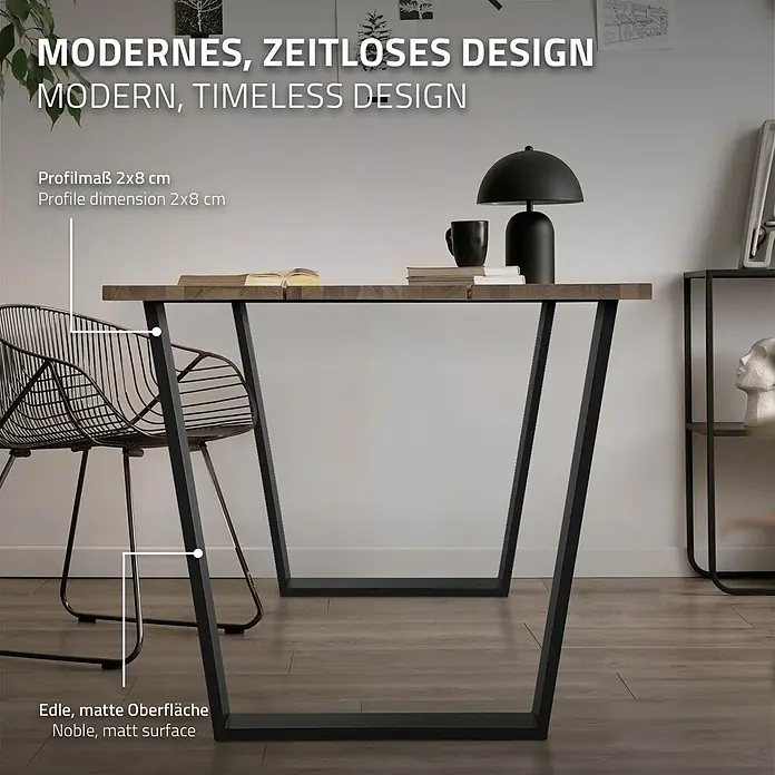ML-Design Tischgestell 2er Set Tischbeine Trapez V-Form aus Stahl pulverbeschichtet - Stahl - Ein moderner Tisch mit Holzplatte und schwarzen, matten Metallbeinen. Sein 2x8 cm Profil erzeugt ein zeitloses Design.