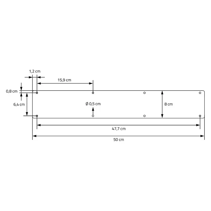 ML-Design Tischgestell Kufengestell X-Form Schwarz für Esstisch/Schreibtisch DIY-Projekte - L x B x H: 8 x 50 x 72 cm, Stahl - Technische Zeichnung einer rechteckigen Montageplatte mit Maßen und 0,5 cm Bohrlöchern.