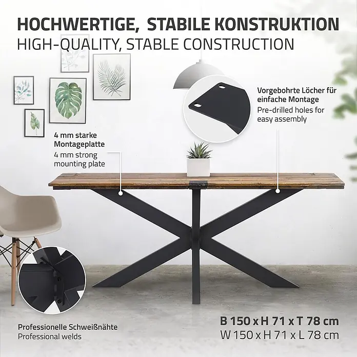 ML-Design Tischgestell Spider Kreuzgestell Schwerlast aus Stahl für DIY - Traglast: 150 kg, Stahl - Schwarzes X-förmiges Metall-Tischgestell mit Holzplatte, zeigt robuste 4mm Montageplatte und vorgebohrte Löcher zur einfachen Montage.