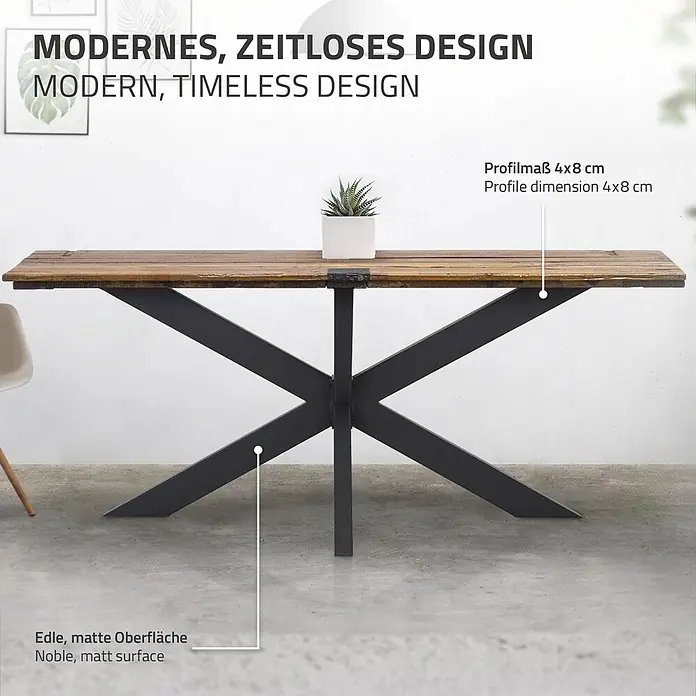 ML-Design Tischgestell Spider Kreuzgestell Schwerlast aus Stahl für DIY - Traglast: 150 kg, Stahl - Esstisch aus Holz mit rustikaler matter Oberfläche und schwarzen X-förmigen Metallbeinen.