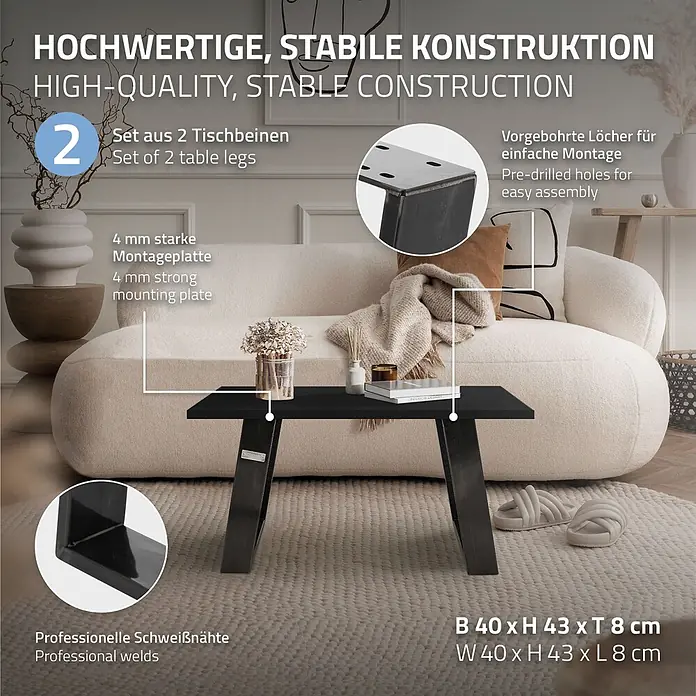 ML-Design Tischgestell Bankkufen Schräge Metall Bankbeine Bankgestell - Stahl - Zwei schwarze Metall-Tischbeine, B 40 x H 43 x T 8 cm, mit starker Montageplatte und Schweißnähten, bilden einen Couchtisch in modernem Wohnzimmer.