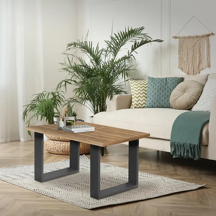 ECD Germany Tischgestell Bankkufen modernes Industriedesign Möbelfüße aus Metall - Stahl - Holztisch mit dunkelgrauen U-förmigen Metallbeinen, in einem Wohnzimmer mit Büchern und Deko dekoriert.