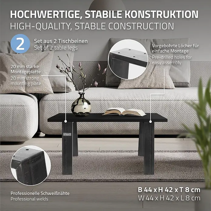 ML-Design Tischgestell Loft 2er Set Bankkufen aus Stahl Industriedesign U-Form - Stahl - Schwarze Metall-Tischbeine (44x42x8 cm) im Set, mit vorgebohrten Löchern, montiert als Couchtisch.
