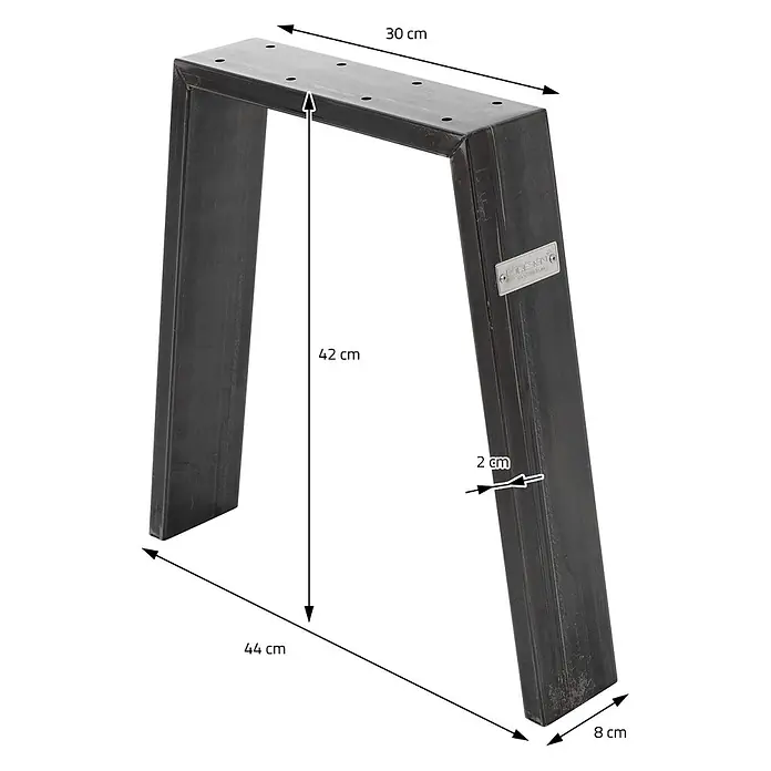 ML-Design Tischgestell Loft 2er Set Bankkufen aus Stahl Industriedesign U-Form - Stahl - Dunkles Metall-Tischbein im Industriedesign, zeigt Hauptmaße: Höhe 42cm, Oberseite 30cm, Basis 44cm, Breite 8cm, Dicke 2cm.