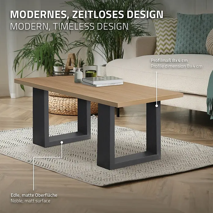 ECD Germany Tischgestell Bankkufen modernes Industriedesign Möbelfüße aus Metall - Stahl - Ein moderner Couchtisch mit heller Holzplatte und dunklen U-förmigen Metallbeinen, präsentiert in einem Wohnzimmer.