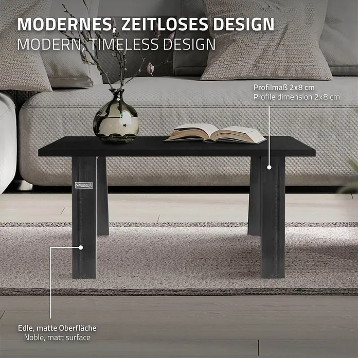 ML-Design Tischgestell Loft 2er Set Bankkufen aus Stahl Industriedesign U-Form - Stahl - Schwarzer matter Couchtisch mit 2x8 cm Profilbeinen, in einem modernen Wohnzimmerambiente.