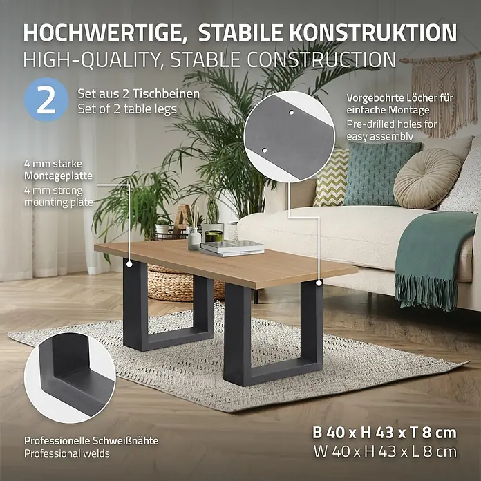 ECD Germany Tischgestell Bankkufen modernes Industriedesign Möbelfüße aus Metall - Stahl - Moderner Couchtisch mit heller Holzplatte und zwei schwarzen, U-förmigen Metallbeinen, in gemütlichem Wohnzimmer.