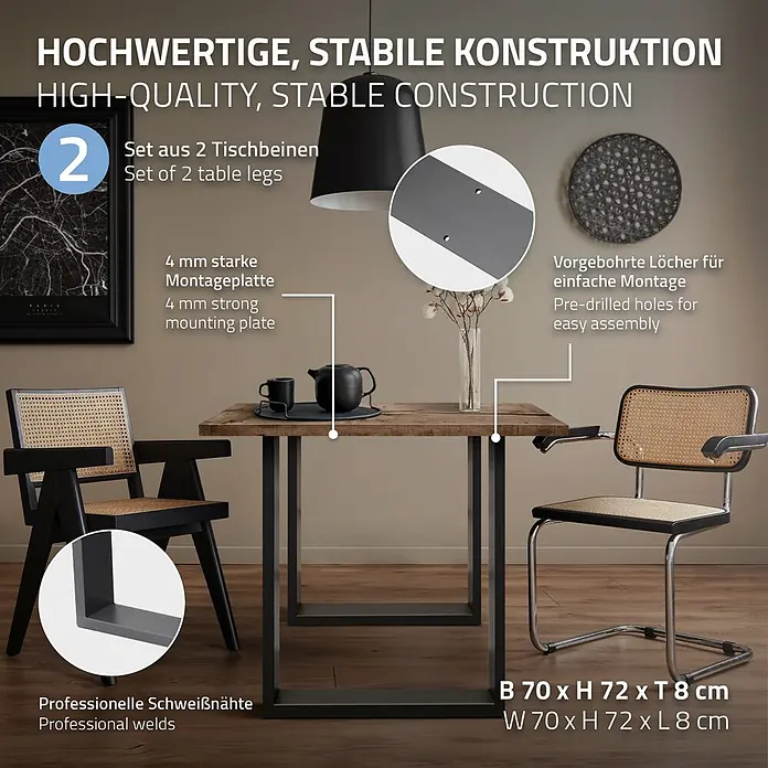 ECD Germany Tischgestell modernes Industriedesign Möbelfüße aus Metall - Stahl - Schwarze Metall-Tischbeine, stabil und hochwertig, im Zweier-Set für Tische.