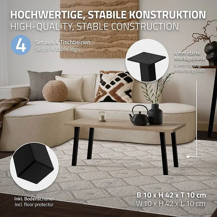 Tischbeine 4er Set I-96GRAD-Design schräg 42 cm, Schwarz, Stahl, 4x4cm -  - Moderner Couchtisch mit heller Holzplatte, getragen von hochwertigen schwarzen Beinen (4 Stk) mit 4mm starken Montageplatten & Bodenschonern. Jedes Bein 10x42x10 cm.