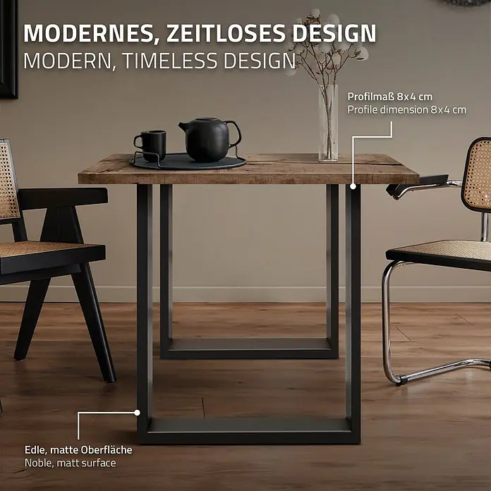 ECD Germany Tischgestell modernes Industriedesign Möbelfüße aus Metall - Stahl - Moderner Esstisch mit rustikaler Holzplatte und edlen, mattschwarzen Metallbeinen.