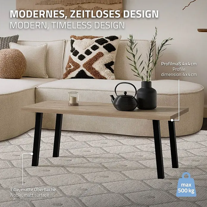 Tischbeine 4er Set I-96GRAD-Design schräg 42 cm, Schwarz, Stahl, 4x4cm -  - Moderner Couchtisch aus hellem Holz mit edler, matter Oberfläche und schwarzen Metallbeinen im Wohnzimmer.