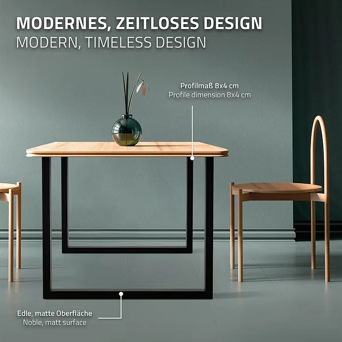 ECD Germany Tischgestell Tischgestell 90x72 Schwarz Bankkufen Industriedesign Möbelfüße Metall - Stahl - Moderner Esstisch mit heller Holzplatte und schwarzen U-förmigen Metallbeinen in einem Zimmer.