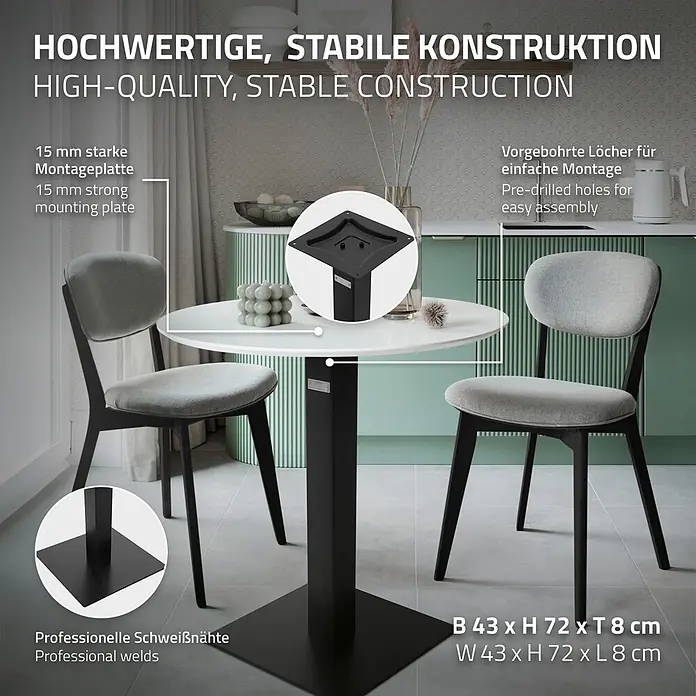 ML-Design Tischgestell mit Bodenplatte aus pulverbeschichteteter Stahl - Stahl - Schwarzes Metall-Tischbein mit 15mm Montageplatte, vorgebohrten Löchern und professionellen Schweißnähten; hochwertige, stabile Konstruktion.
