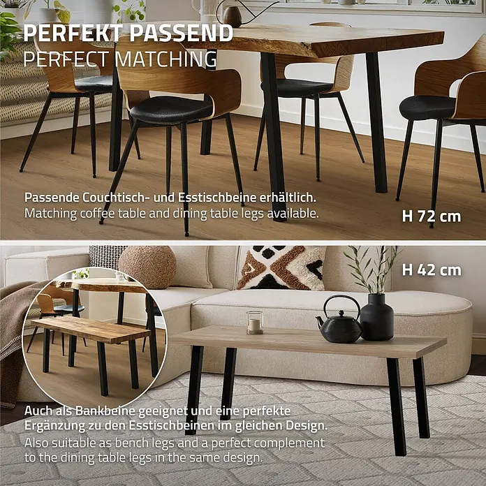 ML-Design Tischgestell 4er Set Tischkufen schräg Möbelfüße und aus Stahl I-Form - Stahl - Schwarze Metalltischbeine in zwei Höhen (72 cm und 42 cm) für Ess-, Couchtische und Bänke, in modernem Interieur dargestellt.