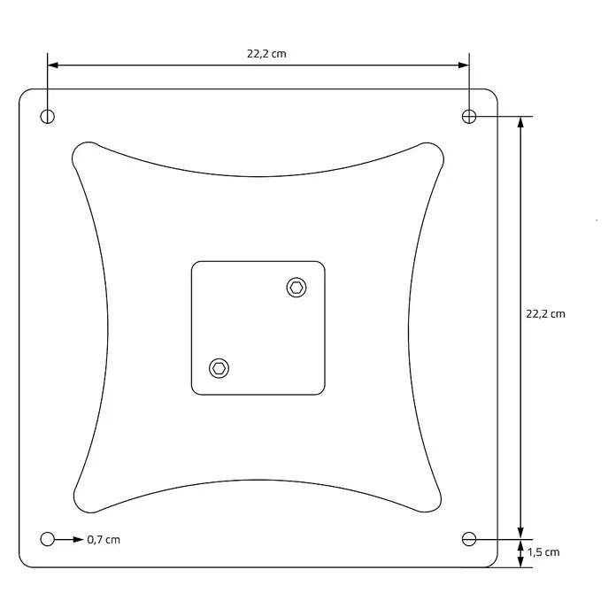 ML-Design Tischgestell mit Bodenplatte aus pulverbeschichteteter Stahl - Stahl - Technische Zeichnung einer 22,2x22,2 cm großen quadratischen Montageplatte mit vier Ecklöchern und zwei zentralen Schraubenlöchern, inklusive Maßen.