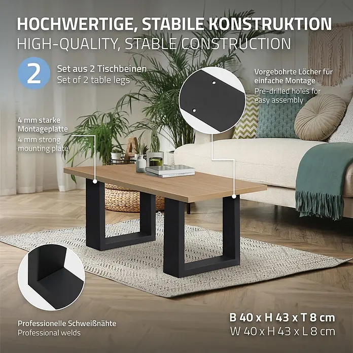 ECD Germany Tischgestell Bankkufen modernes Industriedesign Möbelfüße aus Metall - Stahl - Zwei schwarze U-förmige Metall-Tischbeine mit vorgebohrten Löchern und professionellen Schweißnähten, die eine Holzplatte tragen.