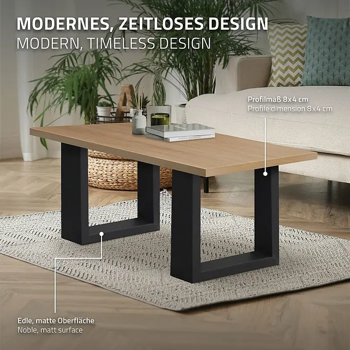 ECD Germany Tischgestell Bankkufen modernes Industriedesign Möbelfüße aus Metall - Stahl - Ein moderner Couchtisch mit heller Holzplatte und schwarzen rechteckigen Metallbeinen im Wohnzimmer.