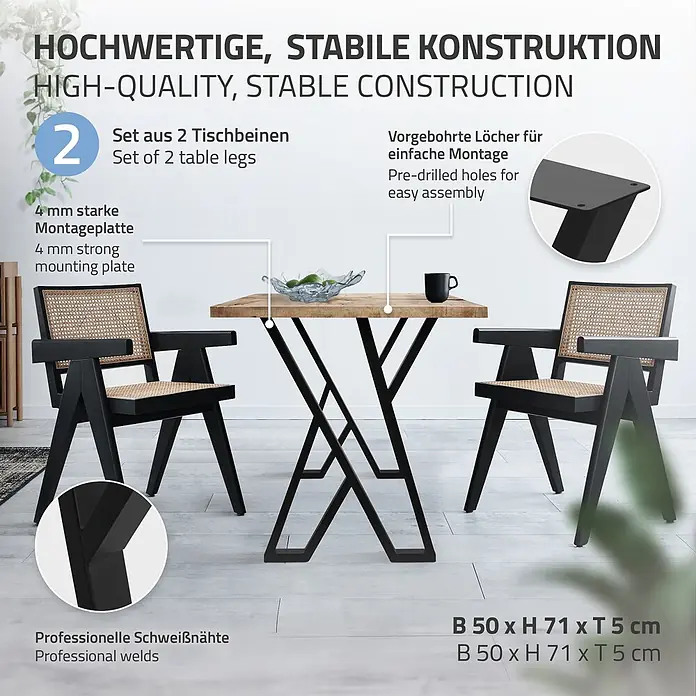 ML-Design Tischgestell Kufengestell X-Form 50x71 cm Schwarz mit Bodenschutz für Esstisch - Stahl - Set aus 2 schwarzen X-förmigen Tischbeinen aus Metall mit 4 mm Montageplatte, gezeigt unter einer Holzplatte.
