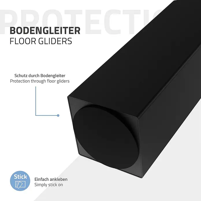 ML-Design Tischgestell Bankkufen I-Design 30cm Schwarz glänzend Möbelbeine 96° Neigung - Stahl - Schwarzer selbstklebender Bodengleiter an einer Möbelunterseite zur Schutzanbringung.