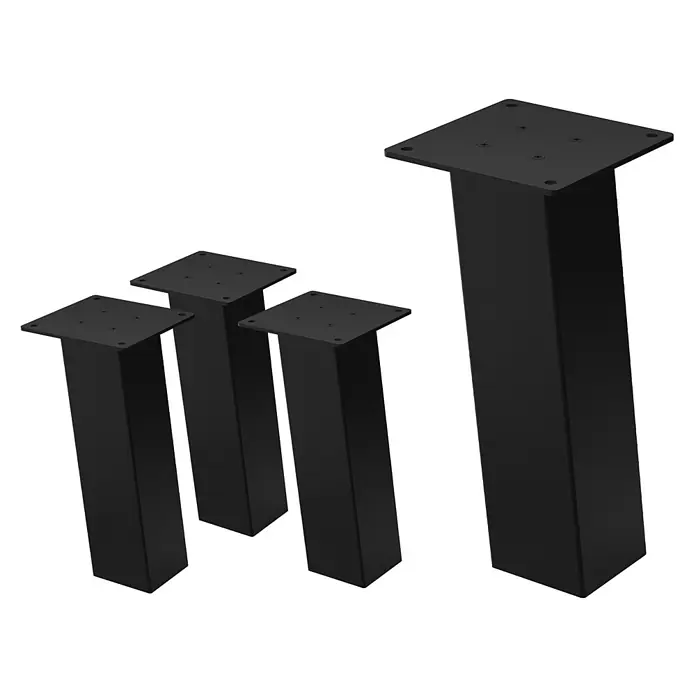 ML-Design Tischgestell Bankkufen I-Design 30cm Schwarz glänzend Möbelbeine 96° Neigung - Stahl - Vier schwarze rechteckige Metallmöbelbeine mit quadratischen Montageplatten und Schraublöchern.