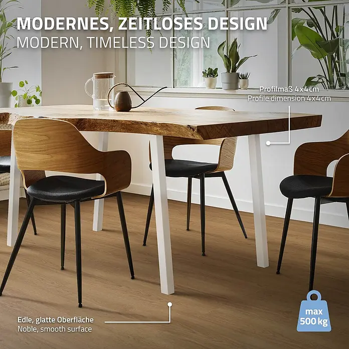 ML-Design Tischgestell 4er Set Möbelbeine 72cm Weiß glänzend 96° Neigung Tischfüße - Traglast: 500 kg, Stahl - Moderner Esstisch mit Baumkante-Holzplatte und weißen Vierkantbeinen, umgeben von Stühlen in einem hellen Raum.