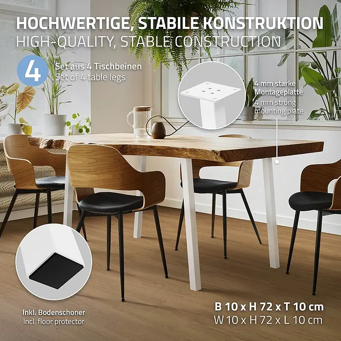 ML-Design Tischgestell 4er Set Möbelbeine 72cm Weiß glänzend 96° Neigung Tischfüße - Traglast: 500 kg, Stahl - Set aus vier weißen Metalltischbeinen stützt einen Holzesstisch. Mit starken Montageplatten und Bodenschonern.